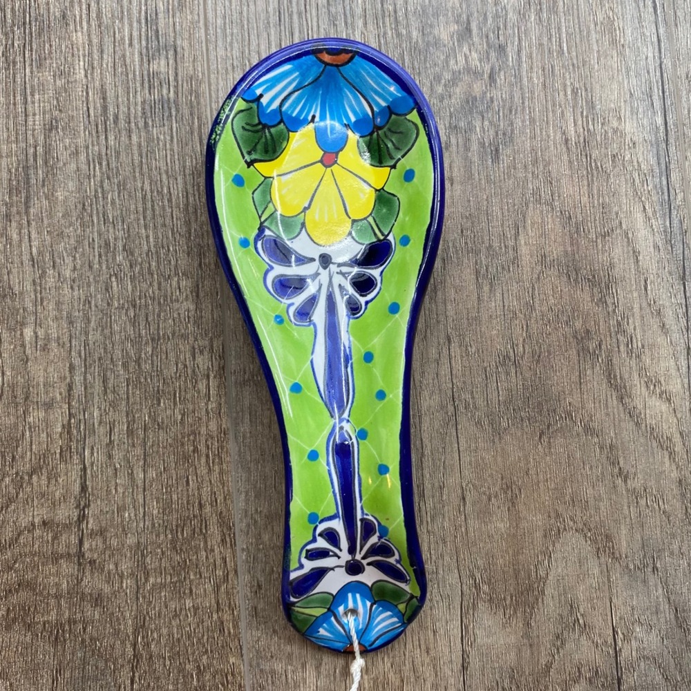 Talavera Mexico Hand Painted Ceramic Spoon Rest Floral Green Blue Yellow 9in